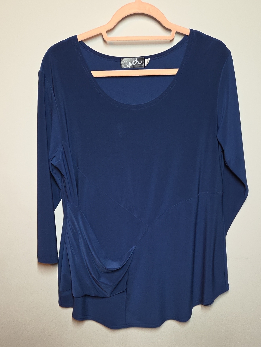 Sympli Top 12 Navy Long Sleeve Scoop Neck Draped Pocket Made in Canada